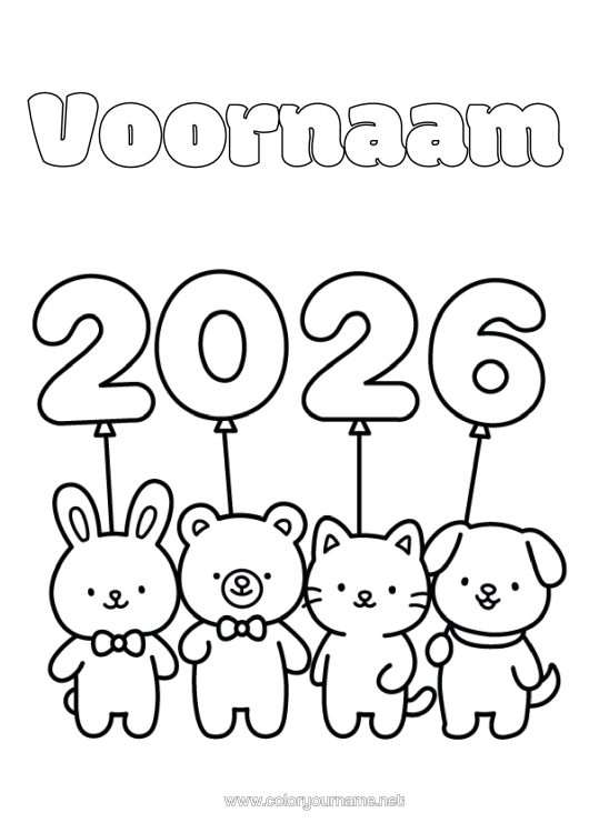 Kleurplaat om af te drukken Kawaii Gelukkig Nieuwjaar Dier 2026