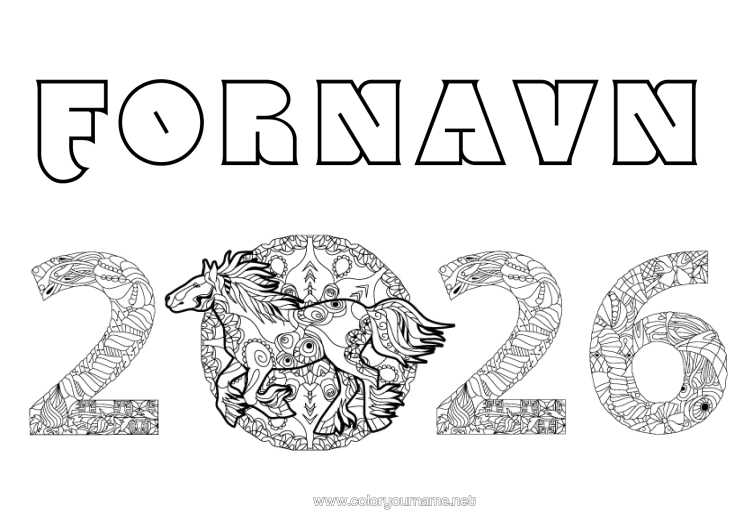 Farvelægningssiden til udskrivning Hest Zentangle Gårdsdyr 2026