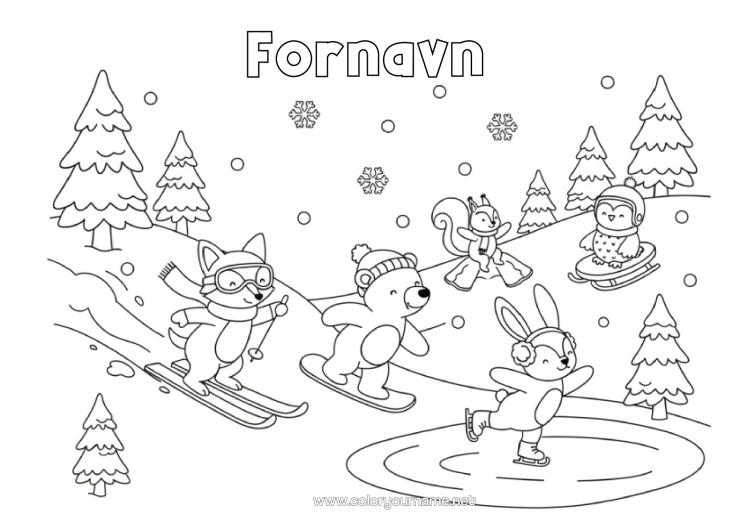 Fargeleggingssiden til utskrift Bjørn Snø Rev Kanin Pingvin, Keiserpingvin Kjelke Fugler Og Flygende Pattedyr Skogsdyr Ski Vintersport Snøbrett Skøyting