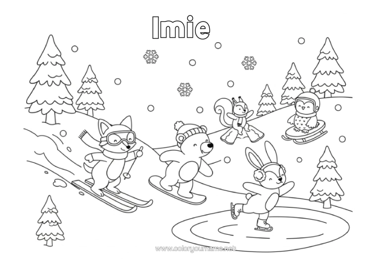 Kolorowanka do wydruku Niedźwiedź Śnieg Lis Zając Pingwin, Pingwin Cesarski Sanki Ptaki I Latające Ssaki Zwierzęta Leśne Narty Sporty Zimowe Deska Snowboardowa Łyżwiarstwo