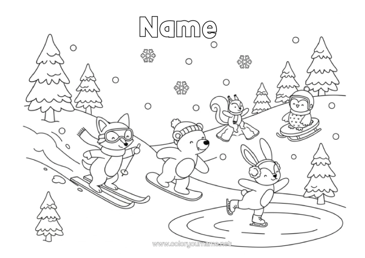 Colouring page to print Bear Sport Snow Fox Rabbit Penguin, Tuxedo Sledge Animal Birds And Flying Mammals Forest Animals Ski Winter Sports Snowboarding Skating