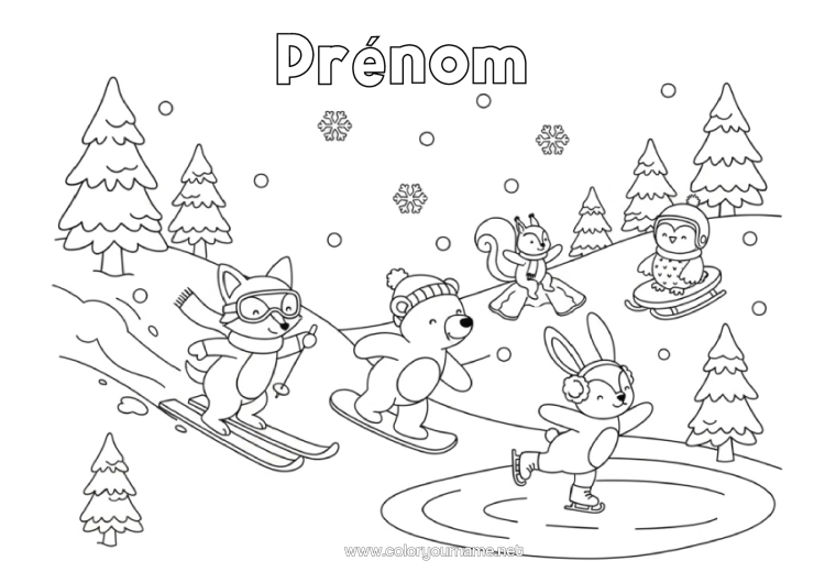 Coloriage à imprimer Ours Neige Renard Lapin Pingouin, Manchot Luge Oiseaux Et Mammifères Volants Animaux De La Forêt Ski Sports D'hiver Snowboard Patinage