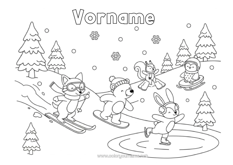 Malvorlage zum Ausdrucken Bär Schnee Fuchs Hase Pinguin, Pinguin Schlitten Vögel Und Fliegende Säugetiere Waldtiere Ski Wintersportarten Snowboarden Eiskunstlauf