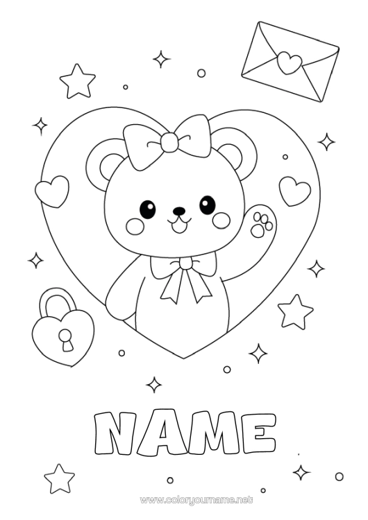 Coloring page to print Heart Kawaii Teddy Bear Forest Animals
