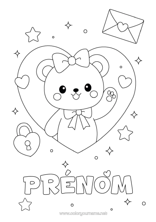 Coloriage à imprimer Coeur Kawaii Ourson Animaux De La Forêt