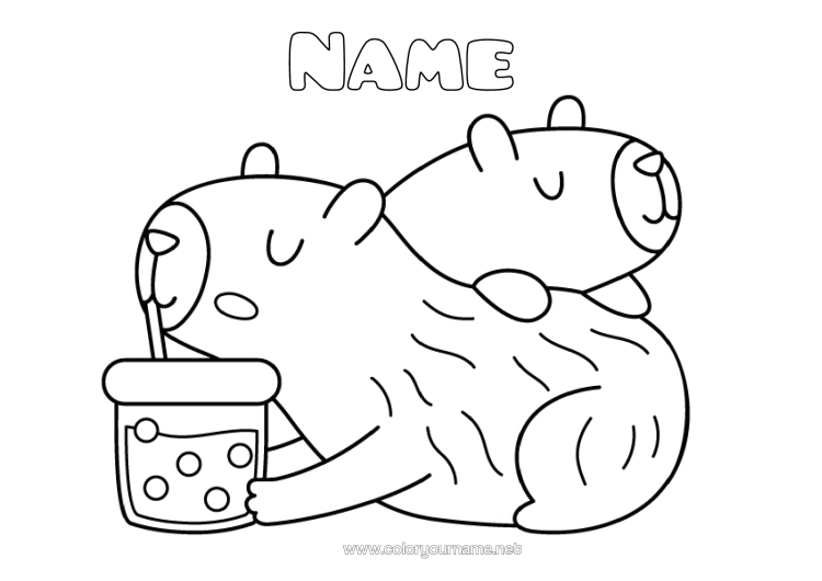 Colouring page to print Animal Drink Easy Colouring Pages Other Animals Of The World Bubble Tea Capybara