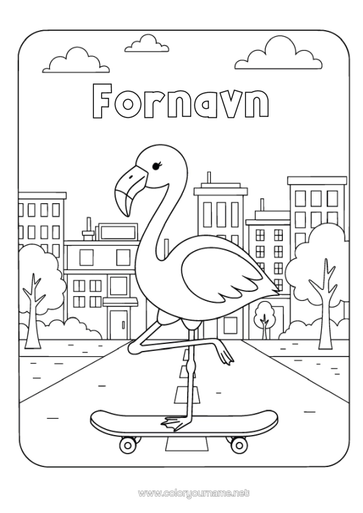 Farvelægningssiden til udskrivning Flamingo Fugle Og Flyvende Pattedyr Bylandskab Skateboard