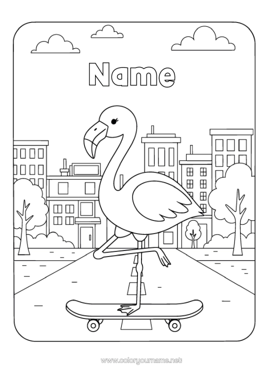 Colouring page to print Animal Pink Flamingo Birds And Flying Mammals Cityscape Skateboard