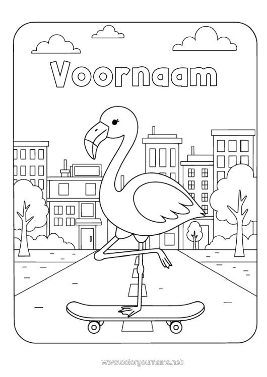 Kleurplaat om af te drukken Flamingo Vogels En Vliegende Zoogdieren Stadsgezicht Skateboard