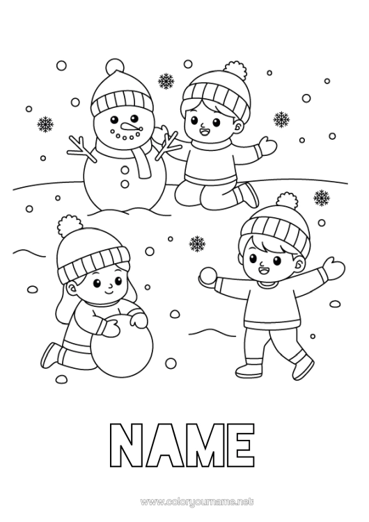 Coloring page to print Snow Winter Snowman Child Snowflakes