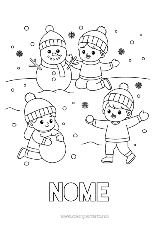 Pagina da colorare da stampare Neve Inverno Pupazzo Di Neve Bambino Fiocchi Di Neve