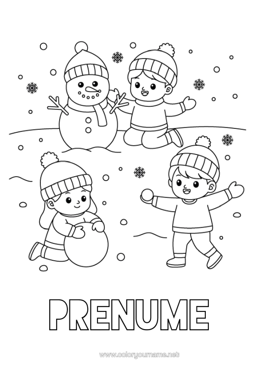 Pagină de colorat de imprimat Zăpadă Iarna Om De Zăpadă Copil Fulgi De Zăpadă
