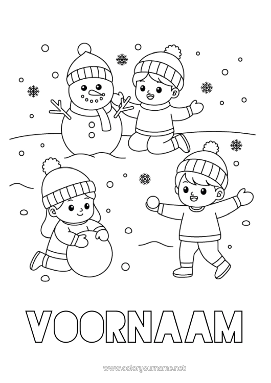 Kleurplaat om af te drukken Sneeuw Winter Sneeuwpop Kind Sneeuwvlokken