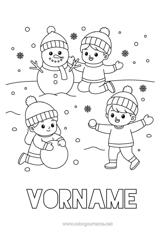 Malvorlage zum Ausdrucken Schnee Winter Schneemann Kind Schneeflocken