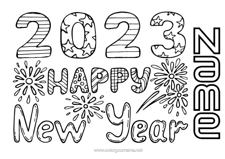 Colouring page to print 2023 Happy New Year Firework