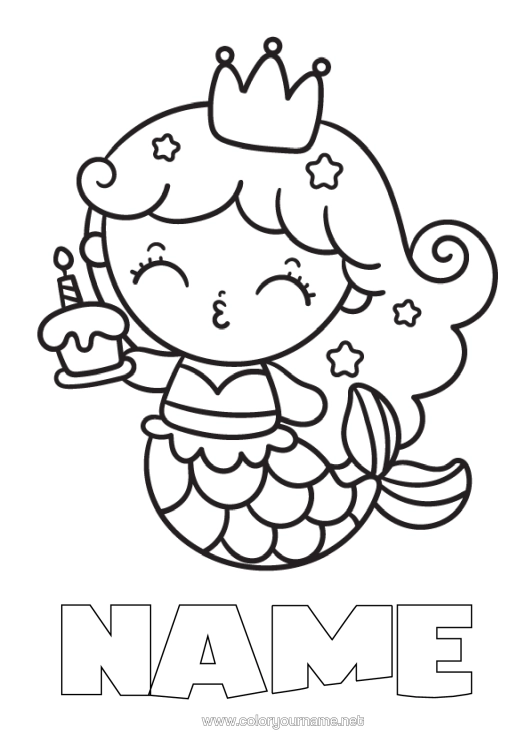 Coloring page to print Birthday Crown Mermaid Easy Coloring Pages Birthday Cake