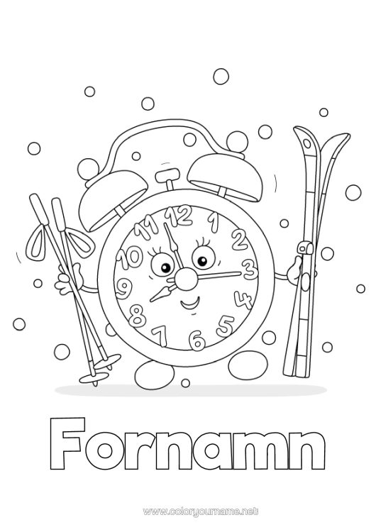 Färgläggningssida att skriva ut Snö Väckarklocka Tecknad Serie Skidåkning