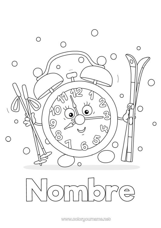 Dibujo para colorear para imprimir Nieve Despertador Cartoon Esquí