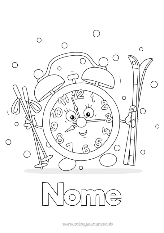 Página de desenho para imprimir Neve Despertador Desenho Animado Esqui