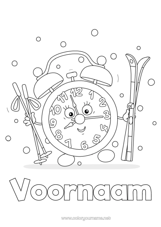 Kleurplaat om af te drukken Sneeuw Wekker Cartoon Ski