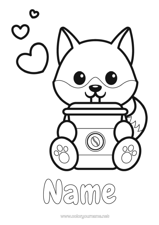 Coloring page to print Wolf Heart Kawaii Fox Coffee Drinks Easy Coloring Pages Forest Animals