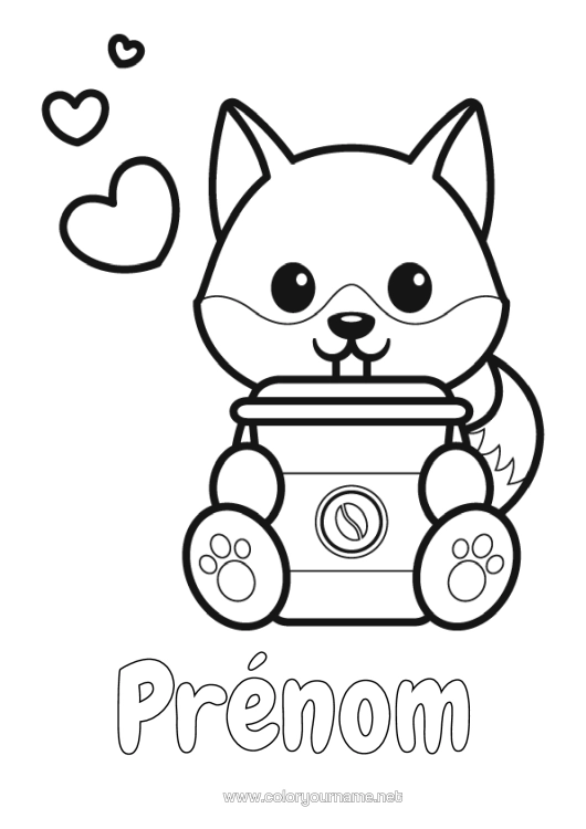 Coloriage à imprimer Loup Coeur Kawaii Renard Café Boisson Coloriages Faciles Animaux De La Forêt