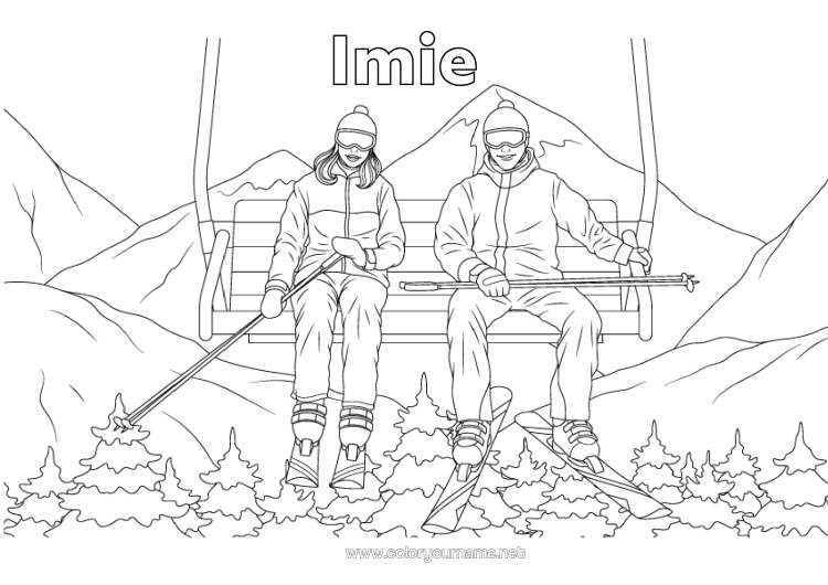 Kolorowanka do wydruku Śnieg Narty Sporty Zimowe Góra Wyciąg Krzesełkowy