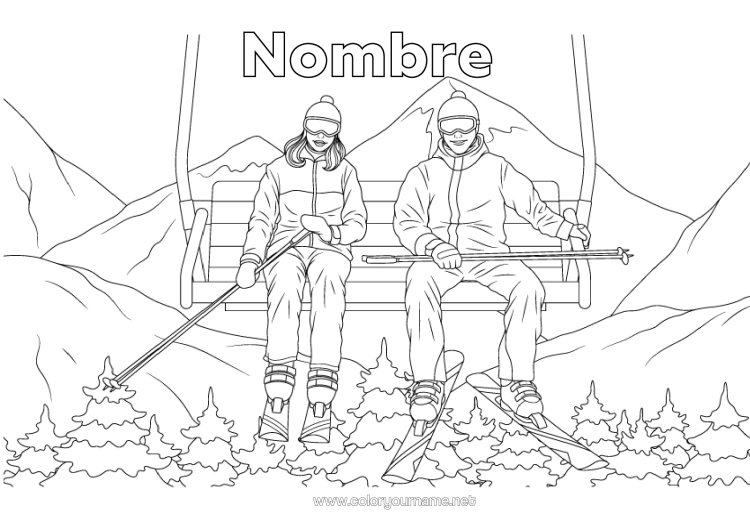 Dibujo para colorear para imprimir Nieve Esquí Deportes De Invierno Montaña Teleférico