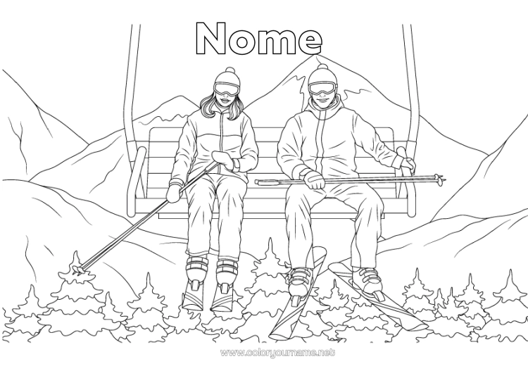 Página de desenho para imprimir Neve Esqui Esportes De Inverno Montanha Teleférico