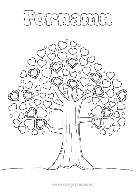 Färgläggningssida att skriva ut Hjärta Jag Älskar Dig. Träd