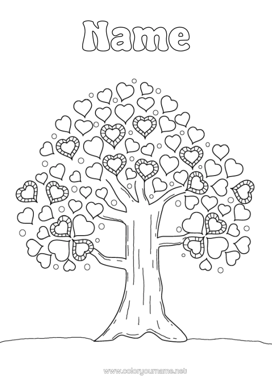 Colouring page to print Heart I Love You. Tree