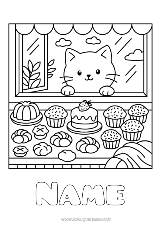 Colouring page to print Cake Cat Cute Animal Dogs And Cats Culinary Professions Baker And Pastry Chef Shop