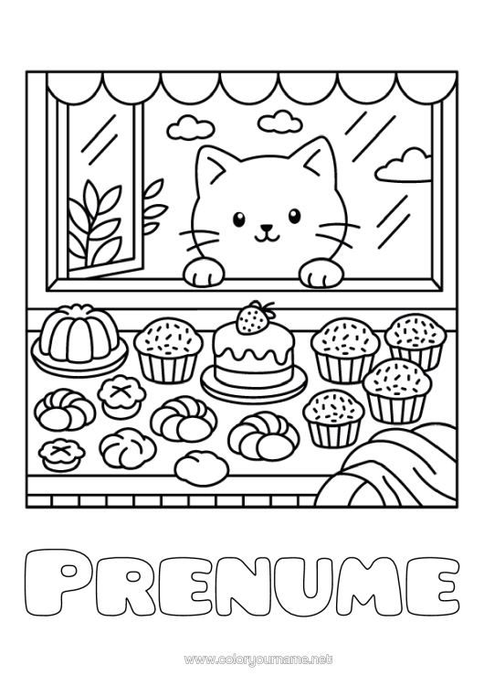 Pagină de colorat de imprimat Tort Pisică Drăguț Câini Și Pisici Meserii În Domeniul Culinar Brutar Patiser Magazin
