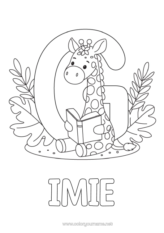 Kolorowanka do wydruku Żyrafa Książka Dzikie Zwierzęta Afryki Czytanie Litera Alfabetu