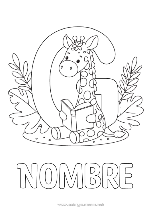 Dibujo para colorear para imprimir Jirafa Libro Animales Salvajes De África Lectura Letra Del Alfabeto
