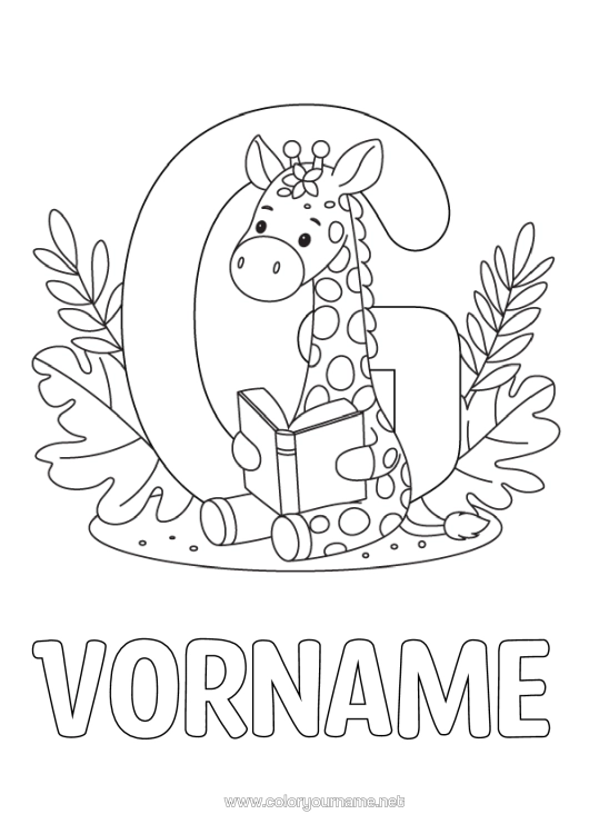 Malvorlage zum Ausdrucken Giraffe Buch Wilde Tiere Afrikas Lesen Buchstaben Des Alphabets