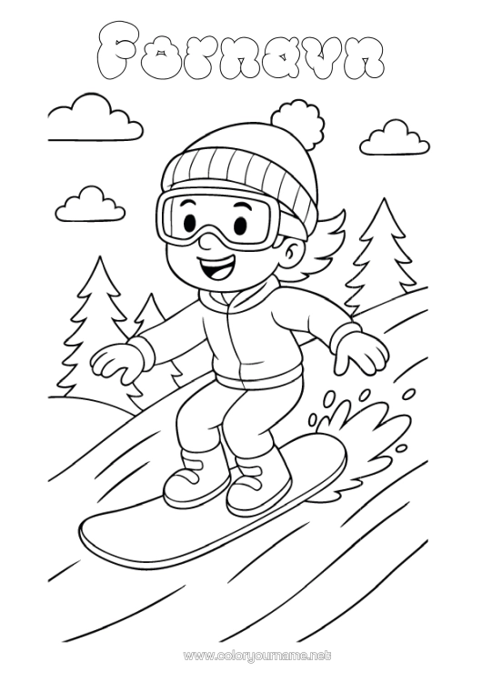 Farvelægningssiden til udskrivning Vinter Vintersport Snowboard Bjerge Vinterhue