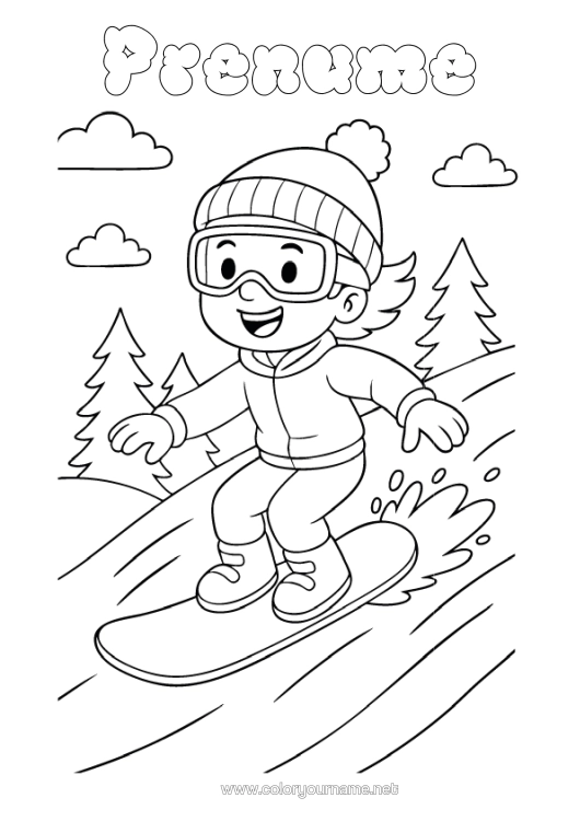 Pagină de colorat de imprimat Iarna Sporturi De Iarnă Snowboard Munte Căciulă De Iarnă