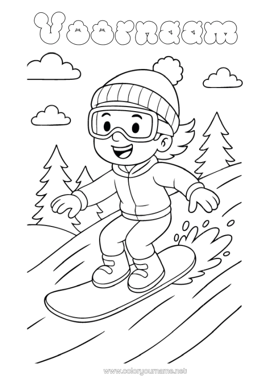 Kleurplaat om af te drukken Winter Wintersporten Snowboarden Berg Wintermuts