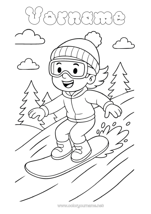 Malvorlage zum Ausdrucken Winter Wintersportarten Snowboarden Berg Wintermütze