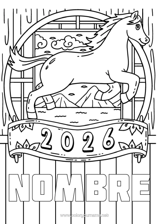 Dibujo para colorear para imprimir Caballo Año Nuevo Chino Animales De Granja 2026