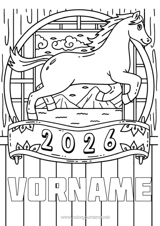 Malvorlage zum Ausdrucken Pferd Chinesisches Neujahr Bauernhoftiere 2026