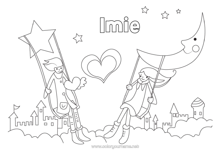 Kolorowanka do wydruku Serce Kocham Cię. Walentynki Księżyc Gry I Zabawki Huśtawka