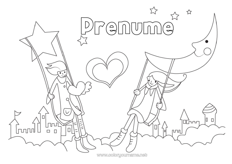 Pagină de colorat de imprimat Inimă Te Iubesc. Ziua Îndrăgostiților Lună Jocuri Și Jucării Leagăn