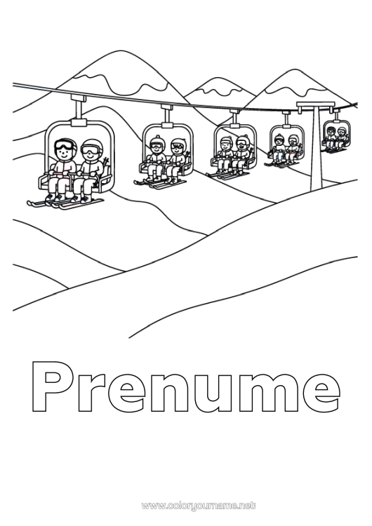 Pagină de colorat de imprimat Iarna Schi Sporturi De Iarnă Munte Telegondolă