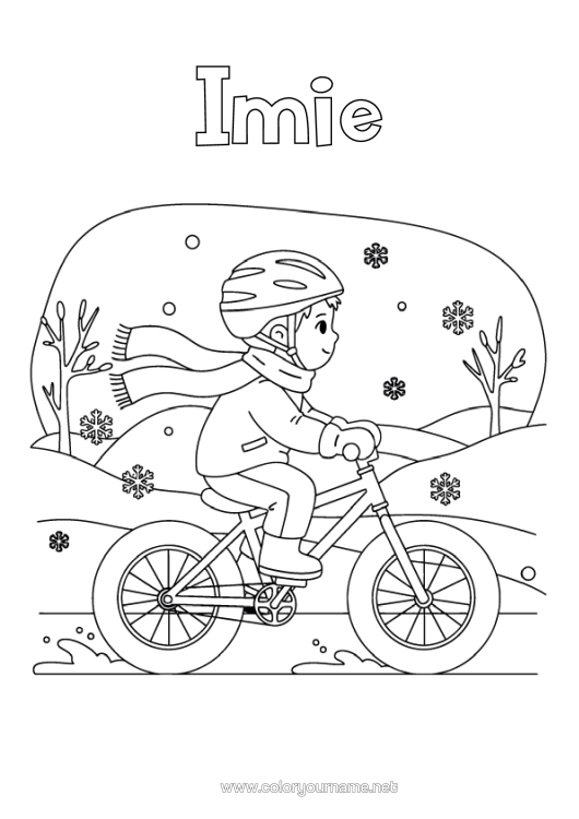 Kolorowanka do wydruku Śnieg Zima Dziecko Płatki Śniegu Rower Pojazdy Dwuśladowe Szalik