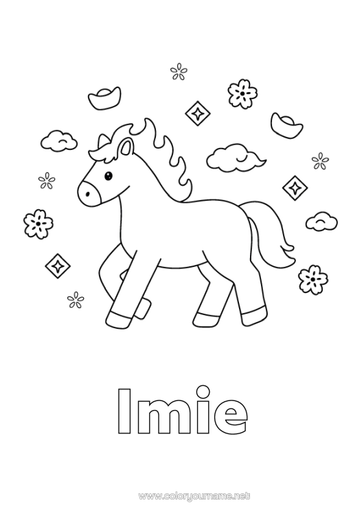 Kolorowanka do wydruku Koń Chiński Nowy Rok Łatwe Kolorowanki Zwierzęta Gospodarskie 2026