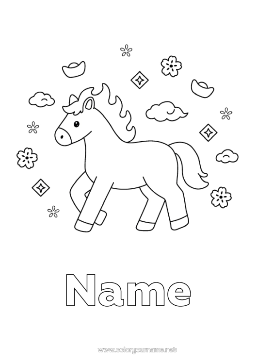 Colouring page to print Horse Animal Chinese New Year Easy Colouring Pages Farm Animals 2026