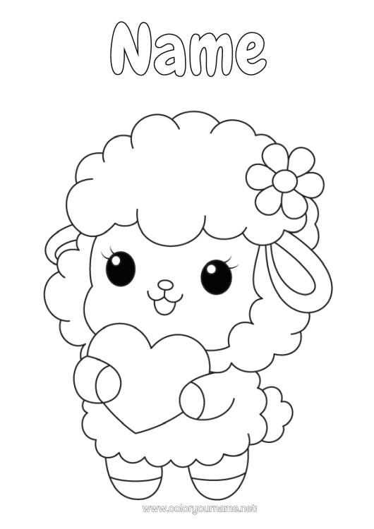 Coloring page to print Cute Heart Sheep Farm Animals