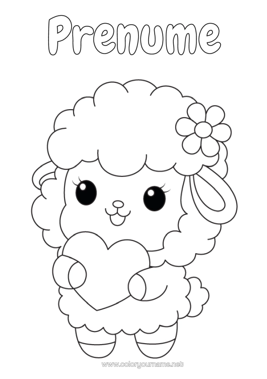 Pagină de colorat de imprimat Drăguț Inimă Oaie Animale De Fermă